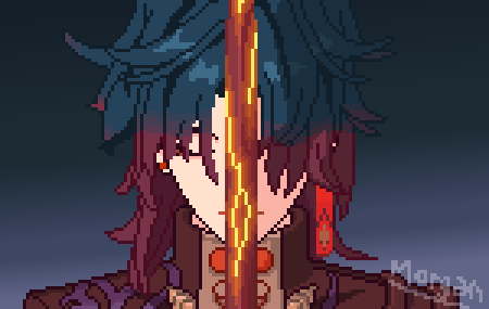 Pixel art of Blade, a character from Honkai Star Rail, based of a picture taken from his Ultimate. He's a tall man with dark blue long hair and crimson-ish gradient hair tips covering half of his face. He is facing the camera with his eyes closed and holding a broken sword with cracks emitting yellow light. The sword is viewed from the side, and is at the height of his head, splitting the picture two in two sides. The left side is bright while the right side is darker because the sword is blocking the light coming from the left.
The background is composed of a gradient (dark blue-ish gray from the top to a light gray at the bottom).