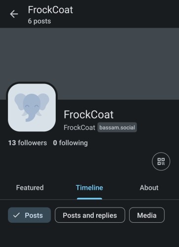 Frockcoat's Bio Page shows 13 followers 0 following and 6 posts