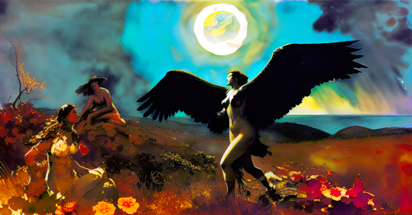 a painterly moonlit rendering of a harpy (or perhaps a feminine person in transformation from bird-form to humanoid) on foot joining two seated feminine figures on a flowering hilltop overlooking a large body of water