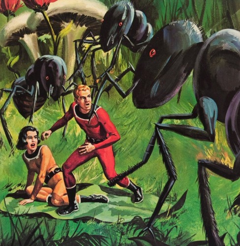 Giant ants menace a man and woman. Or maybe they're borrowers and the ants are normal size. Who can say!