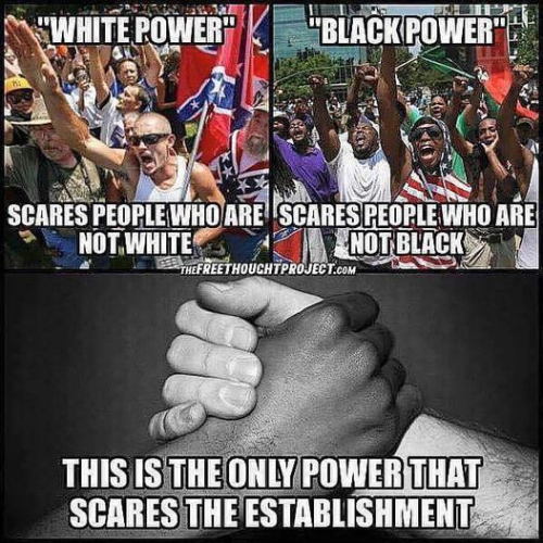 "White Power" scares people who are not white.

"Black Power" scares people who are not black.

This is the only power that scares the establishment.
[Black and white photograph of a black hand grasping a white hand (or a white hand grasping a black hand)]
