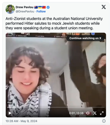 Drew Paviou 8™ &l & X ) " @DrewPavlou - Follow Anti-Zionist students at the Australian National University performed Hitler salutes to mock Jewish students while they were speaking during a student union meeting