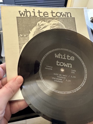 Me holding my copy of White Town's Darley Abbey flexi disc,