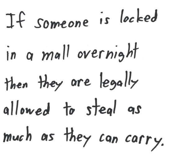 If someone is locked in a mall overnight then they are legally allowed to steal as much as they can carry.