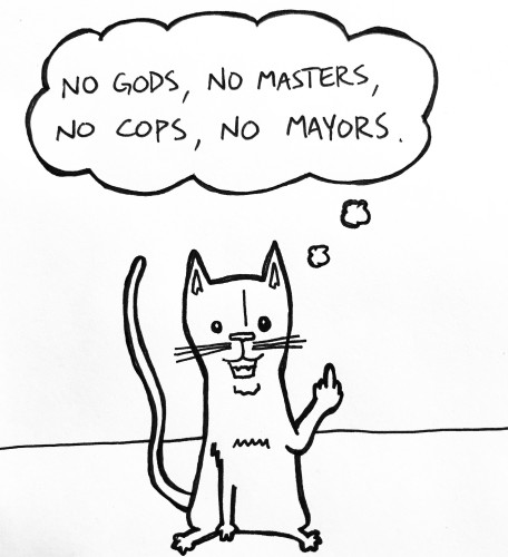 a cat sits and flips the bird while thinking "no gods, no masters, no cops, no mayors."