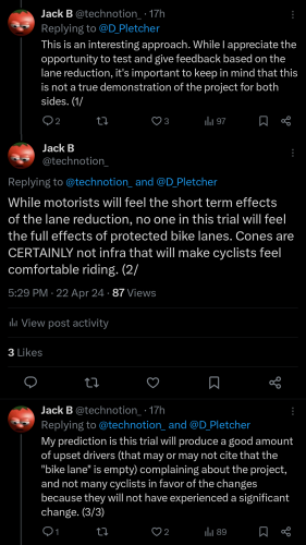 This is an interesting approach. While I appreciate the opportunity to test and give feedback based on the lane reduction, it's important to keep in mind that this is not a true demonstration of the project for both sides. (1/

While motorists will feel the short term effects of the lane reduction, no one in this trial will feel the full effects of protected bike lanes. Cones are CERTAINLY not infra that will make cyclists feel comfortable riding. (2/

My prediction is this trial will produce a good amount of upset drivers (that may or may not cite that the "bike lane" is empty) complaining about the project, and not many cyclists in favor of the changes because they will not have experienced a significant change. (3/3)