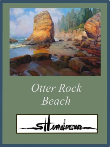 Art print of an original oil painting depicting a large boulder standing in the surf on the Oregon Coast.