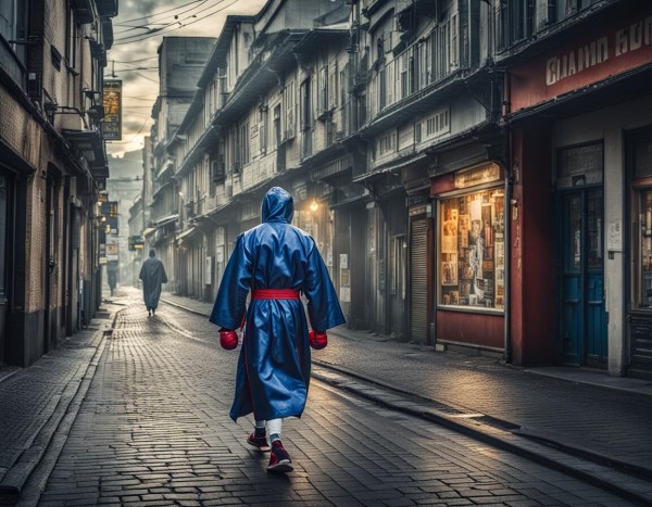 A boxer with his robe on walks in the street