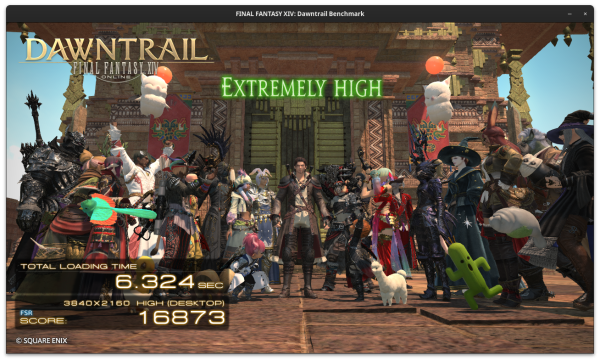 Screenshot of the FFXIV Dawntrail benchmark running in Ubuntu and displaying a score of 16873 with a loading time of 6.324 seconds.