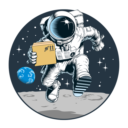 Illustration of an astronaut running on a moon while delivering a package