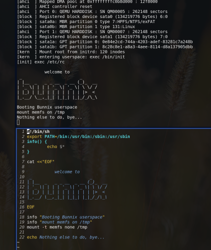 Screenshot of Bunnix running /etc/rc in a shell, which shows an ASCII art boot splash and mounts a memfs on /tmp.
