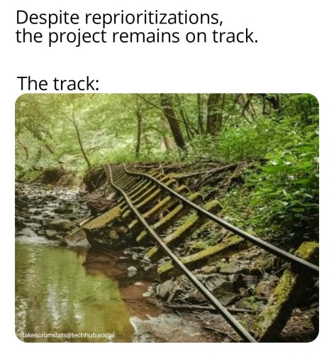 Caption: Despite reprioritizations the project remains on track.

The track:
(Photo of a derelict train track pitched towards an adjacent body of water) 