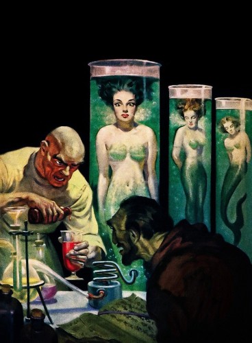 Two men work over a cup of red liquid and a book, as three mermaids watch on in captivity behind them.