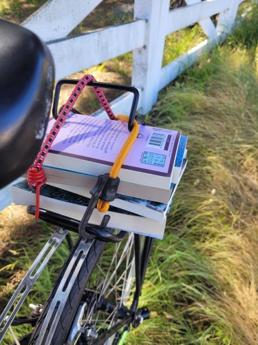 Pile of books strapped to a cargo rack on back of a bike. Held on with stretch cord. White picket fence and grass in background 
