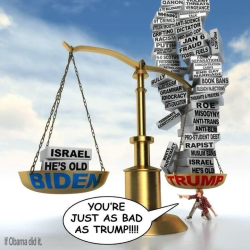 Large weighing scale labeled Biden on one side and Trump on the other.  Biden side has two boxes, labeled Old and Israel.  Trump side has dozens if boxes, labels Old, Israel, Rapist, Roe, Fraud, Dictator, etc.   The scales are evenly balanced because  man is holding up the Trump side while saying "You're just as bad as Trump!!"