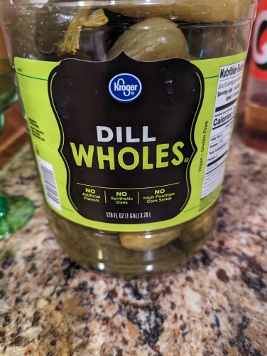 A jar of Kroger Dill Wholes