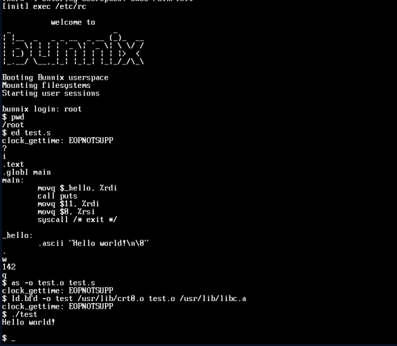 Screenshot of a Bunnix session writing a small assembly program with ed(1)
