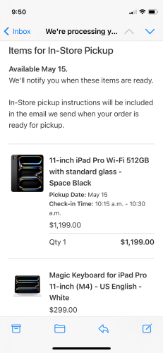 Order receipt for new iPad Pro M4 with new Magic Keyboard