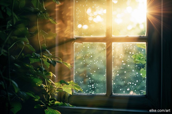 Sunlight streams through a paneled window, casting a warm glow and illuminating the water droplets scattered across the glass. Green leaves from a plant peek into the frame from the left, adding a touch of nature to the cozy scene.

In "Dew-Kissed Dawn," the day's first light tenderly graces a windowpane speckled with morning dew. Each droplet is illuminated into a myriad of sparkling gems, inviting the viewer into a moment of tranquil beauty. The verdant leaves just outside the window hint at a world waking up, bathed in the soft golden glow of sunrise. This artwork encapsulates a serene moment that combines the freshness of early morning with the warmth of sunlight, offering a daily reminder of nature's quiet majesty. Ideal for creating a focal point in a minimalist living room, adding a touch of calm to a bustling office, or bringing the first light of day to a peaceful bedroom retreat, "Dew-Kissed Dawn" complements spaces where peace and reflection are cherished.

The series "Whispers of Light" captures light in various contexts and its interplay with the environment. The common thread is the focus on how light transforms ordinary scenes into moments of beauty and intrigue, creating a poetic and somewhat introspective atmosphere