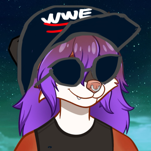 Un personnage renard anthropomorphique aux cheveux violets, avec des lunettes de soleil et une casquette gribouillées