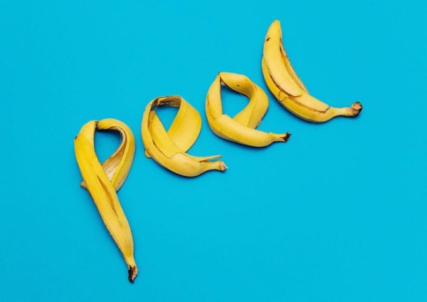 A typographic artwork featuring the word "peel," created using banana peels.