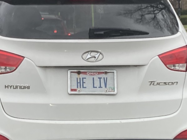 A rear license plate reading “HE LIV”.