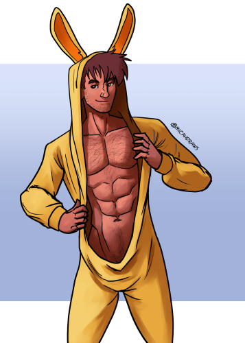 Illustration of my character Davor wearing an open yellow rabbit onesie