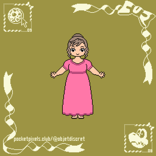 a pixel art illustration of a light-skinned feminine person with light brown hair wearing a high-waisted pink dress with slightly puffed sleeves; there is also an illustration of a cookie with a mouse cursor, as well as Dry Bones (a character that looks like the skeleton of a cartoonish turtle)