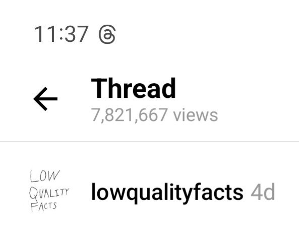 Screenshot showing that my Threads post from four days ago has 7,821,667 views.