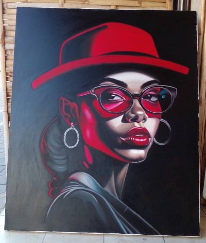 a painting of a woman, seen from her chest up, she is turned to the side, wearing a red hat and black -rimmed glasses, silver sparkling earrings, she is looking at the viewers, in shadows, she looks cool 