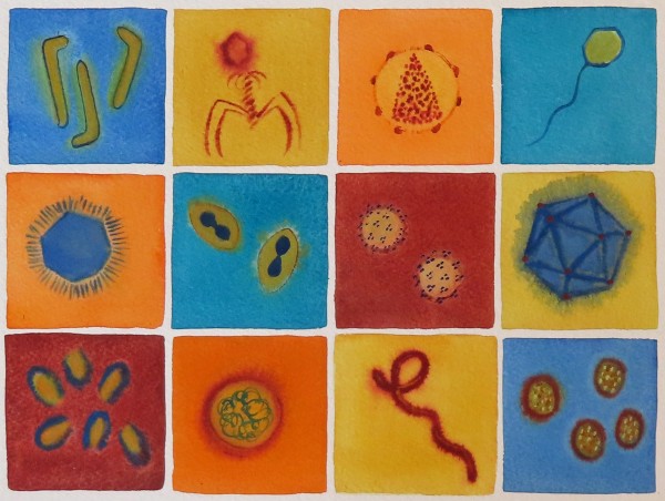 grid of watercolor viruses in gold, orange blue and rust 