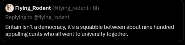 Tweet from Flying Rodent
Britain isn't a democracy, it's a squabble between about nine hundred appalling cunts who all went to university together.