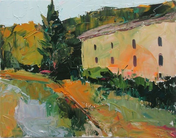 A 14x18 acrylic painting on canvas of a building on the bank of the Ouvèze River in the south of France, by Janet Dyer.   Note: Discounts and sales do not apply to original artwork.
