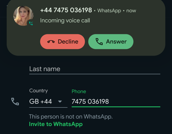 A screenshot of a spam call I got overlaid over the WhatsApp add contact feature. The number calling me is said to not be a WhatsApp user.
