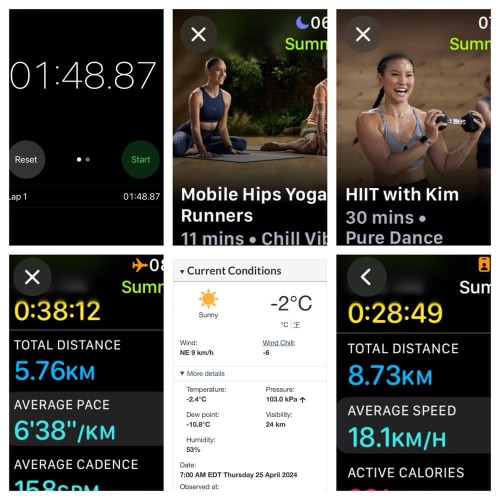 Four iOS screenshots:
1) Timer app showing 1:48.87

2) Apple Fitness Mobile Hips Yoga for Runners, 11 minutes.

3) Apple Fitness HIIT with Kim, 30 minutes

4) Apple Fitness Running Details
Total Time: 38:12
Total Distance: 5.76 KM
Average Pace: 6’38”/KM

5) Environment Canada site showing -2°C with a windchill of -6°C, and a NE 9 km/hr wind

6) Apple Fitness Cycling;
Time: 28:49
Distance: 8.73km
Average Speed: 18.1km/hr