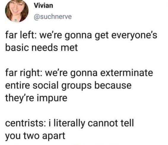 Vivian

 far left: we're gonna get everyone's basic needs met 
far right: we're gonna exterminate entire social groups because they're impure 
centrists: i literally cannot tell you two apart 