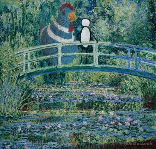 An edited version of one of Monet's paintings of the Japanese bridge and water lily pool at Giverny. A large knitted chicken and simple drawn figure are standing on the bridge looking over the pond.