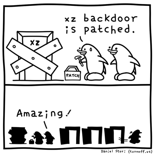 This is a comic about the xz backdoor. We see a bunch of developers or sysadmin talking about xz backdoor patched. However, it seems nobody knows who is a state actor who quietly leaves after inserting a backdoor. 
