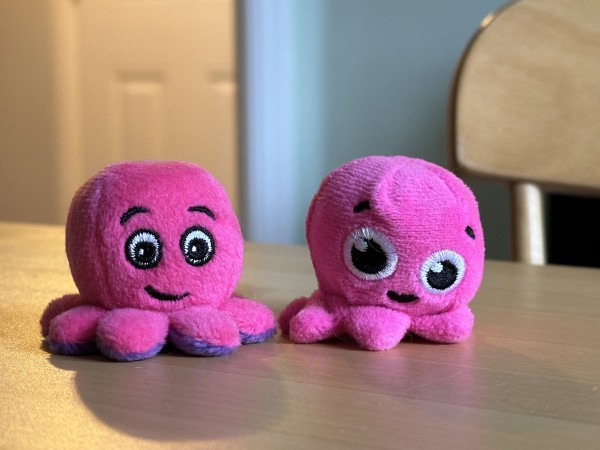 Photograph of two plushy octopi received from Octopus Energy. They are sitting on a table in a family home. The octopus on the left is sitting straight, has a bit of a cheeky smile, and a relatively normal pupil to eye ratio. On the right is an octopus that is slouching towards its left and has dilated pupils.
