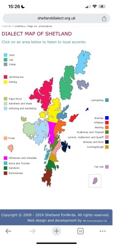 Color-coded dialect map of Shetland with regions labeled and corresponding to different accents of the Shetland dialect.