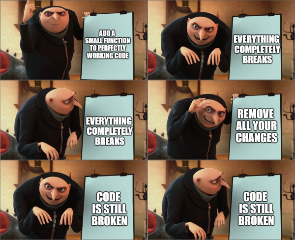 Gru's master plan:

(He gestures wildly while showing off a presentation)

1. Add a small function to working code
2. Everything breaks

(He looks back at that step, wait, what? He continues)

3. Remove all your changes
4. Code is still broken 

He looks back at his plan again - somewhere, something has gone wrong