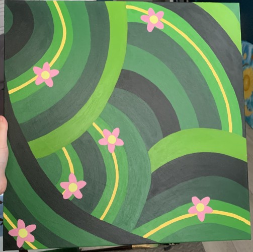 A finished painting commission of green curves in different hues, overlapping and going under each other. Pink flowers rest on thinner yellow lines, representing branches.