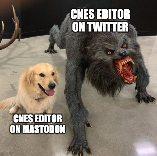Un gentil labrador à côté d'un loup garou. Le chien représente la community manager du CNES sur Mastodon, le loup garou représente la community manager du CNES sur Twitter.