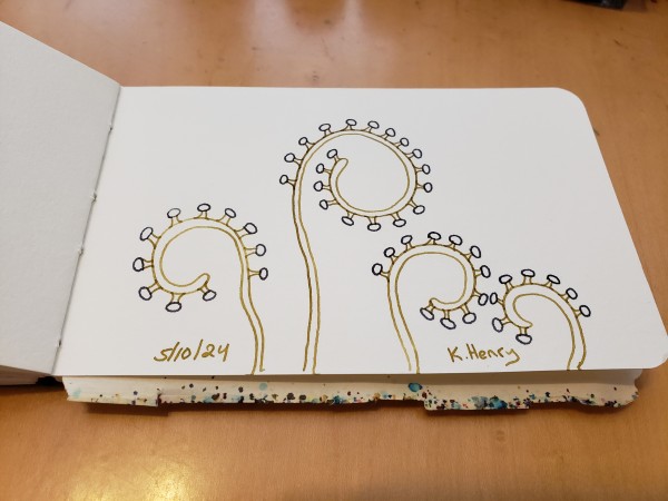 Hand drawn genertive/iterative art in ink on an open page of my sketchbook. The abstract pattern is inspired by fungi and looks a bit like new ferns.