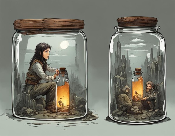 Two glass jars have persons inside. The right one is a girl, the left a bearded male. Both are sitting over rocks and have in front of them a large glass jar with a golden liquid inside it.
