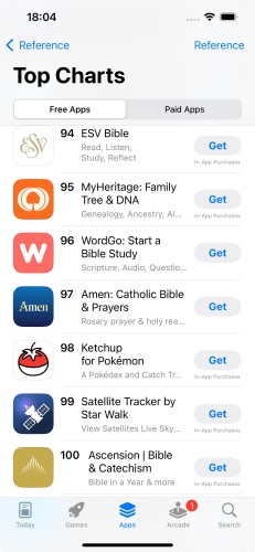 A screenshot showing Ketchup in the top 100 Free Reference apps on the App Store, surrounded by bible apps