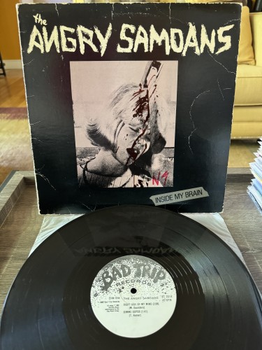 Front album cover. Quite used and frayed. "the "Angry Samoans" 

Image from a horror movie showing a woman with an axe in her head, blood dripping down. 

Black vinyl disc below, on "Bad Trip Records"