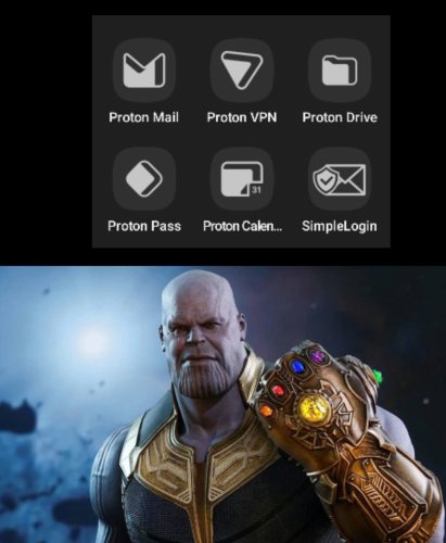 The screenshot showing the Material icons of all Proton's services (including SimpleLogin). Below it is the scene from The Avengers in which the character Thanos wears a gauntlet with all the Infinity stones added to it. 