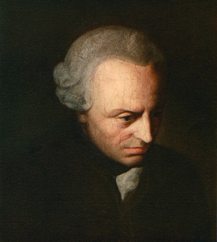 Immanuel Kant, painted portrait, c1790. Kant (1724-1804) was a German philosopher and one of the central Enlightenment thinkers.

A classic painting depicting Immanuel Kant with white, curly hair wearing an 18th-century style dark coat with a white shirt visible at the collar. The background is dark, providing a strong contrast with the lighter elements of the figure's attire.