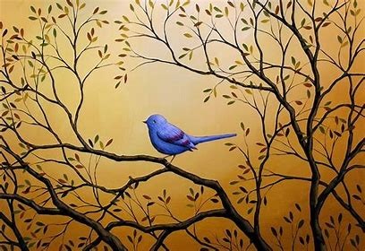 Creative artwork of the top of a brown tree with many thin branches with litthe red and blue leaves, with a bright blue bird om a branch in the middle, to a background that in coloured in combination of yellow and orange. 